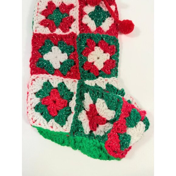 White Granny Square Christmas Stocking 13 Retro Handmade |Vintage Handmade - Picture 12 of 14